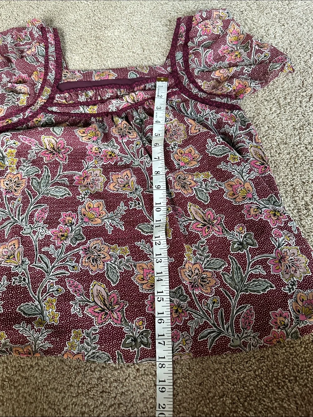 LOFT Burgundy Floral Square-Neck Puff Sleeve Blouse